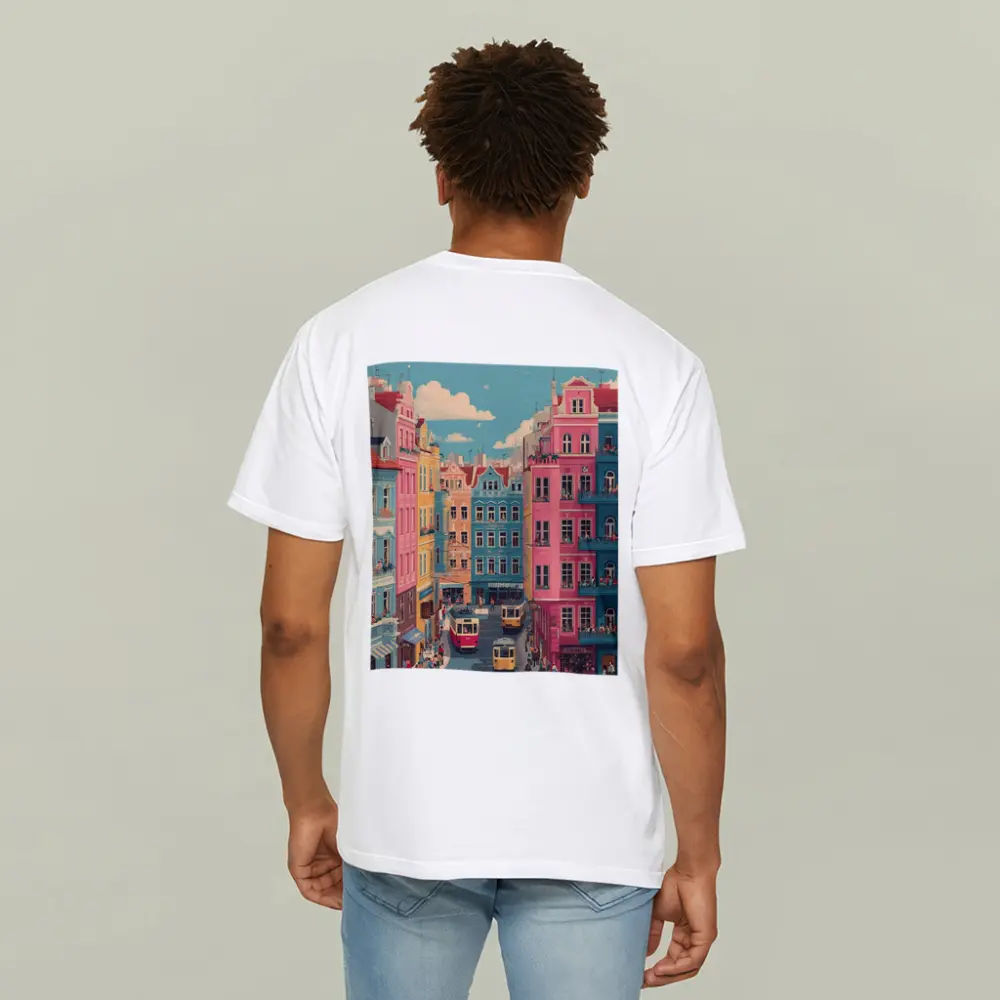 Colorful European City Street Tram Illustration – T-Shirts