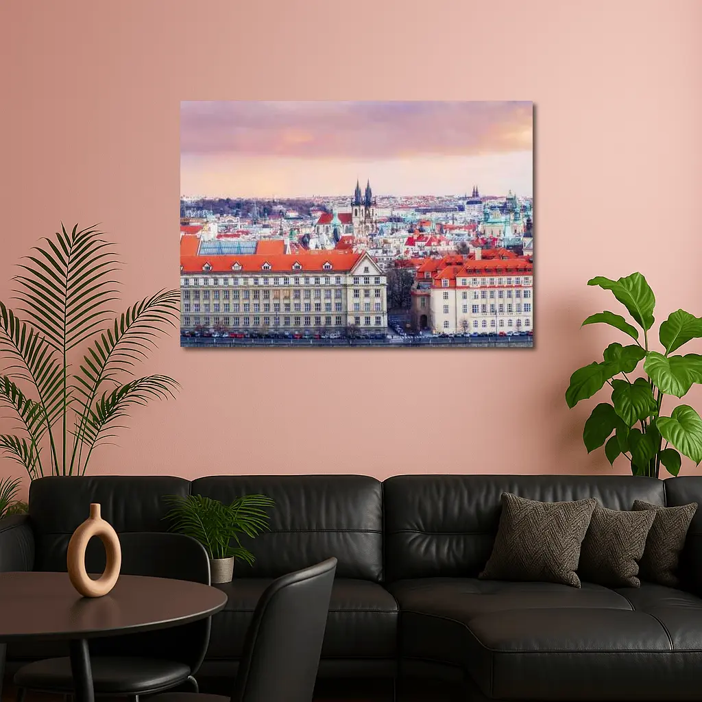 Prague Old Town Rooftops Pink Sky – Wall Art