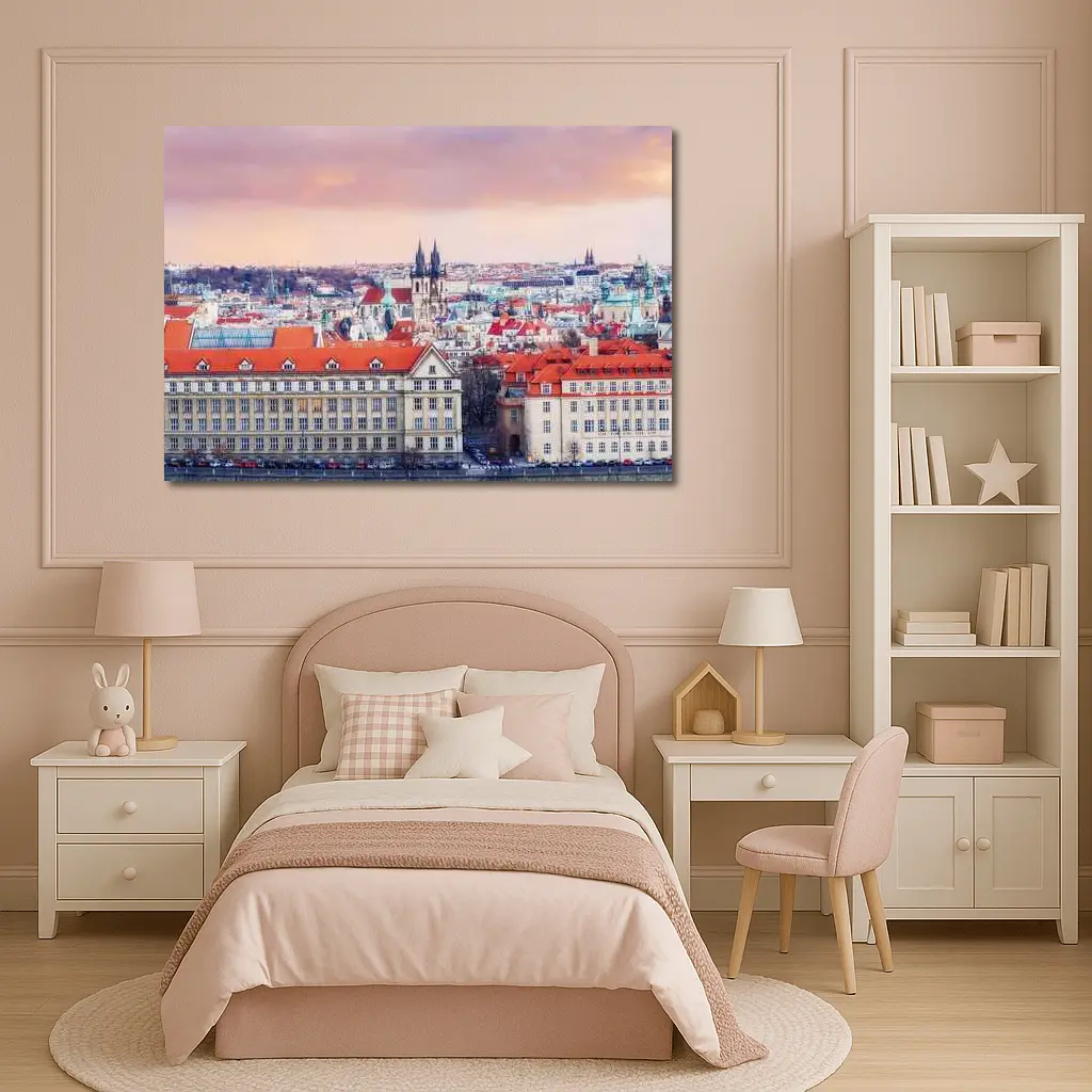 Prague Old Town Rooftops Pink Sky – Wall Art