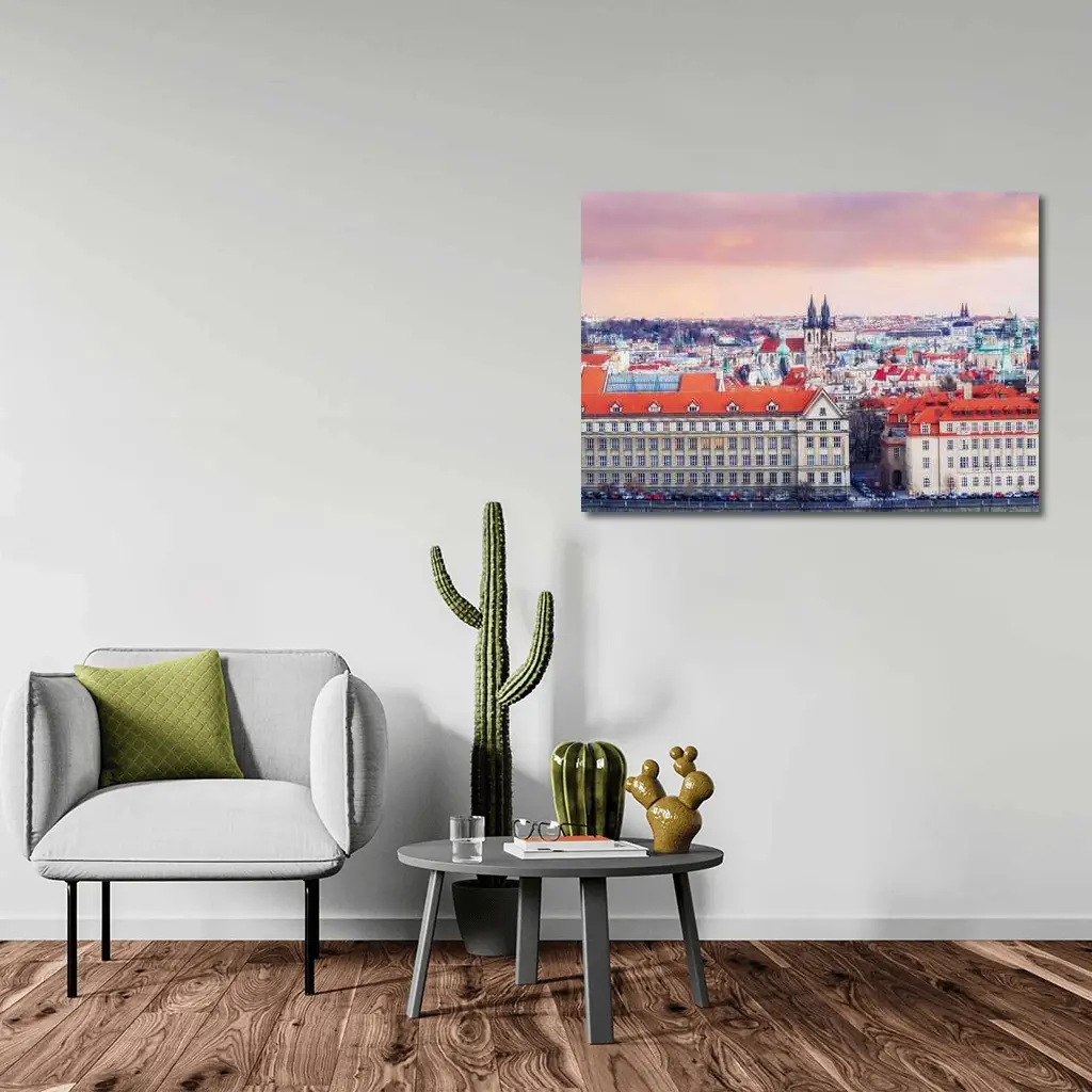 Prague Old Town Rooftops Pink Sky – Wall Art