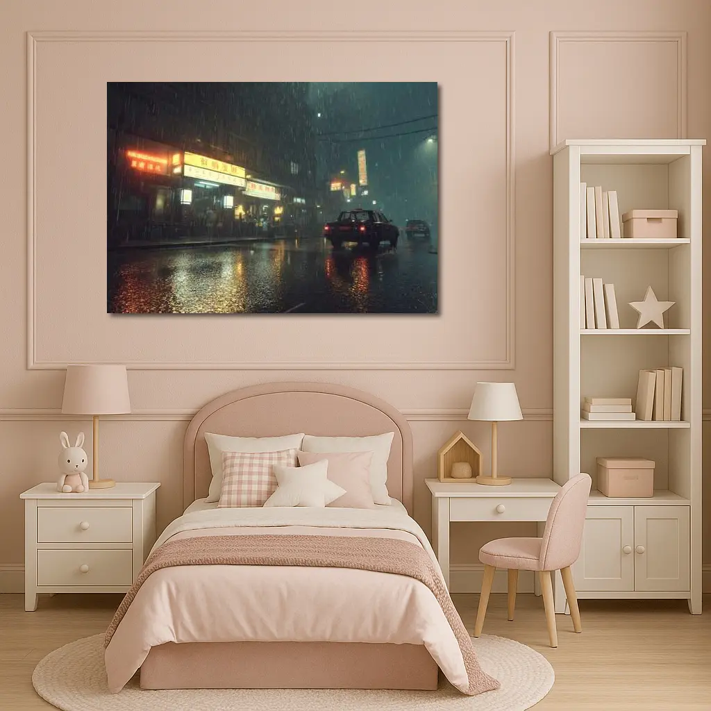 Rainy Asian City Street Neon Night – Wall Art