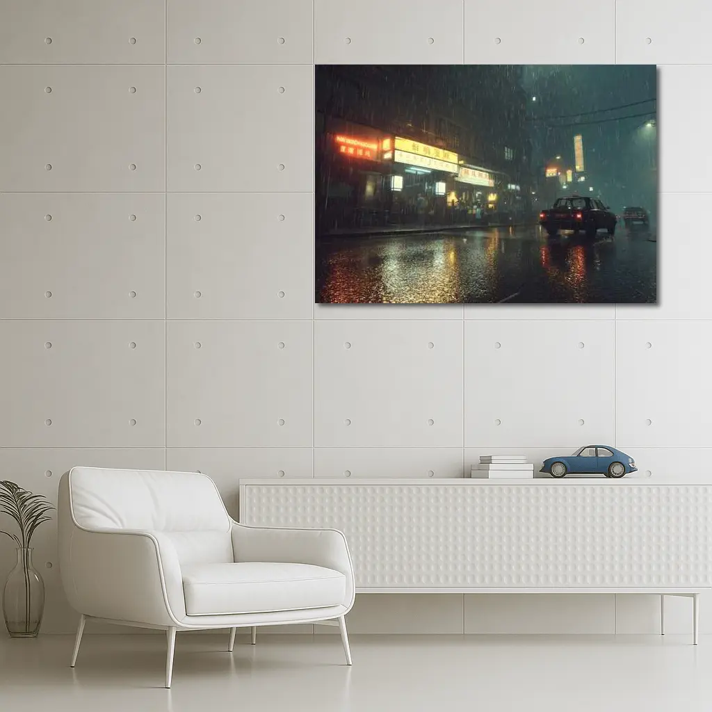 Rainy Asian City Street Neon Night – Wall Art