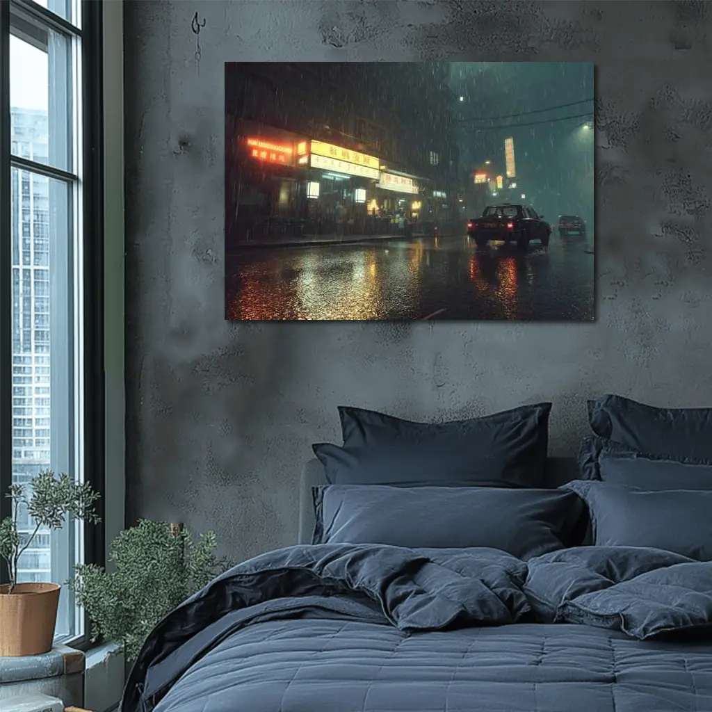Rainy Asian City Street Neon Night – Wall Art