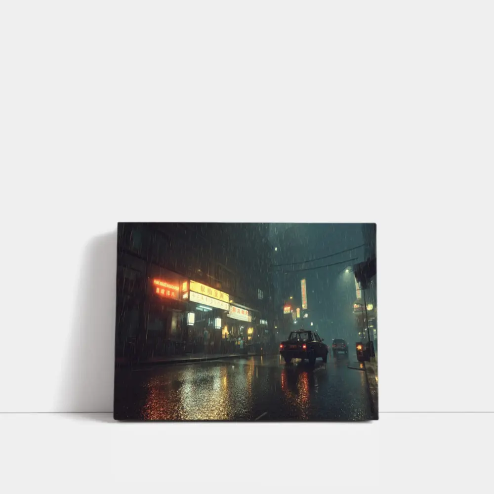 Rainy Asian City Street Neon Night – Wall Art