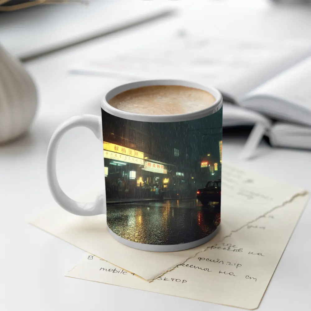 Rainy Asian City Street Neon Night – Mugs