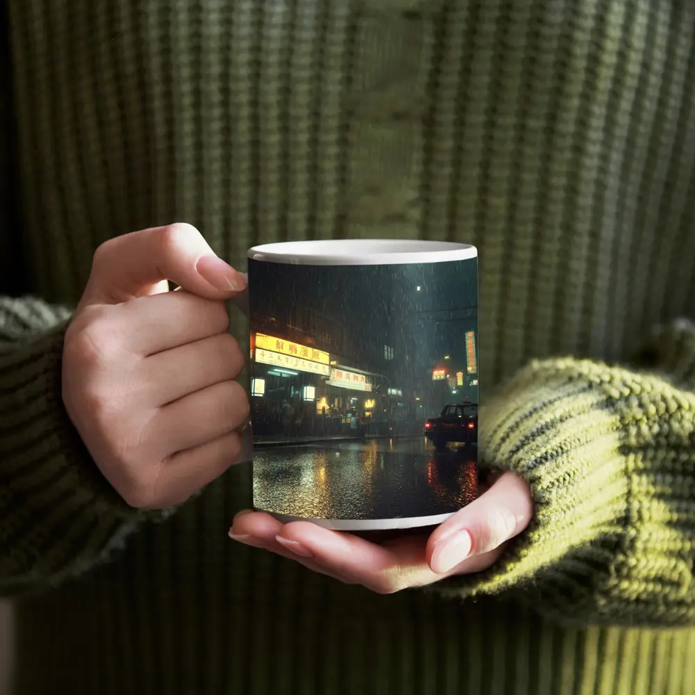 Rainy Asian City Street Neon Night – Mugs