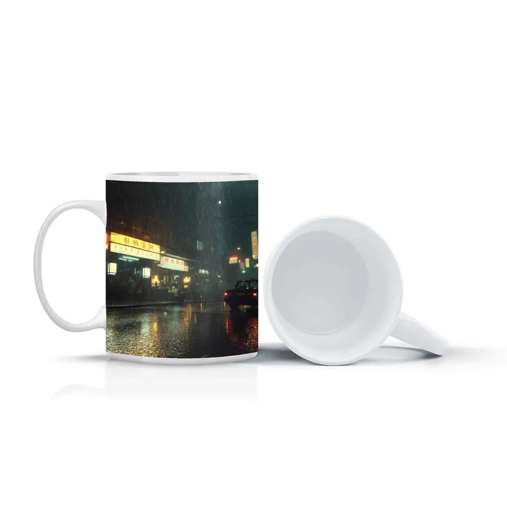 Rainy Asian City Street Neon Night – Mugs