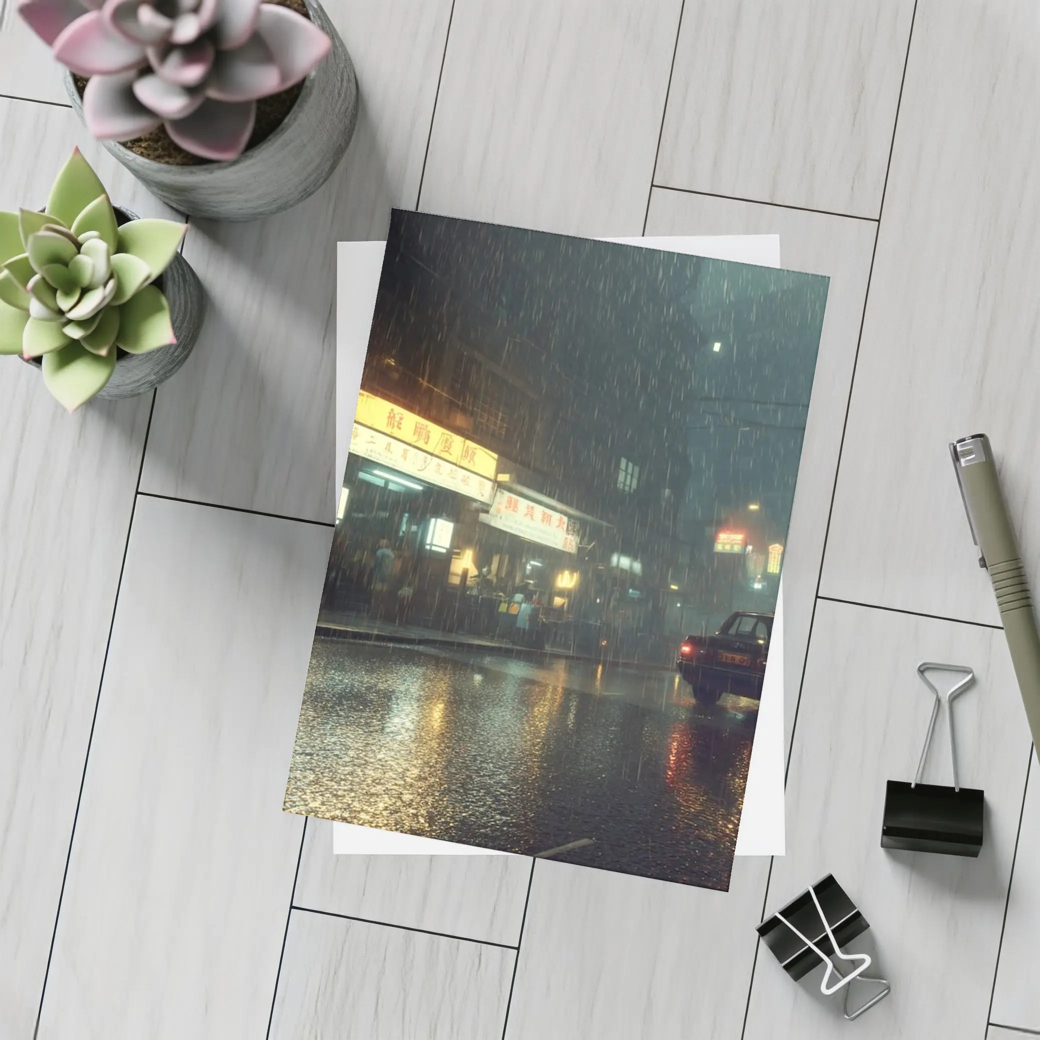 Rainy Asian City Street Neon Night – Postcards