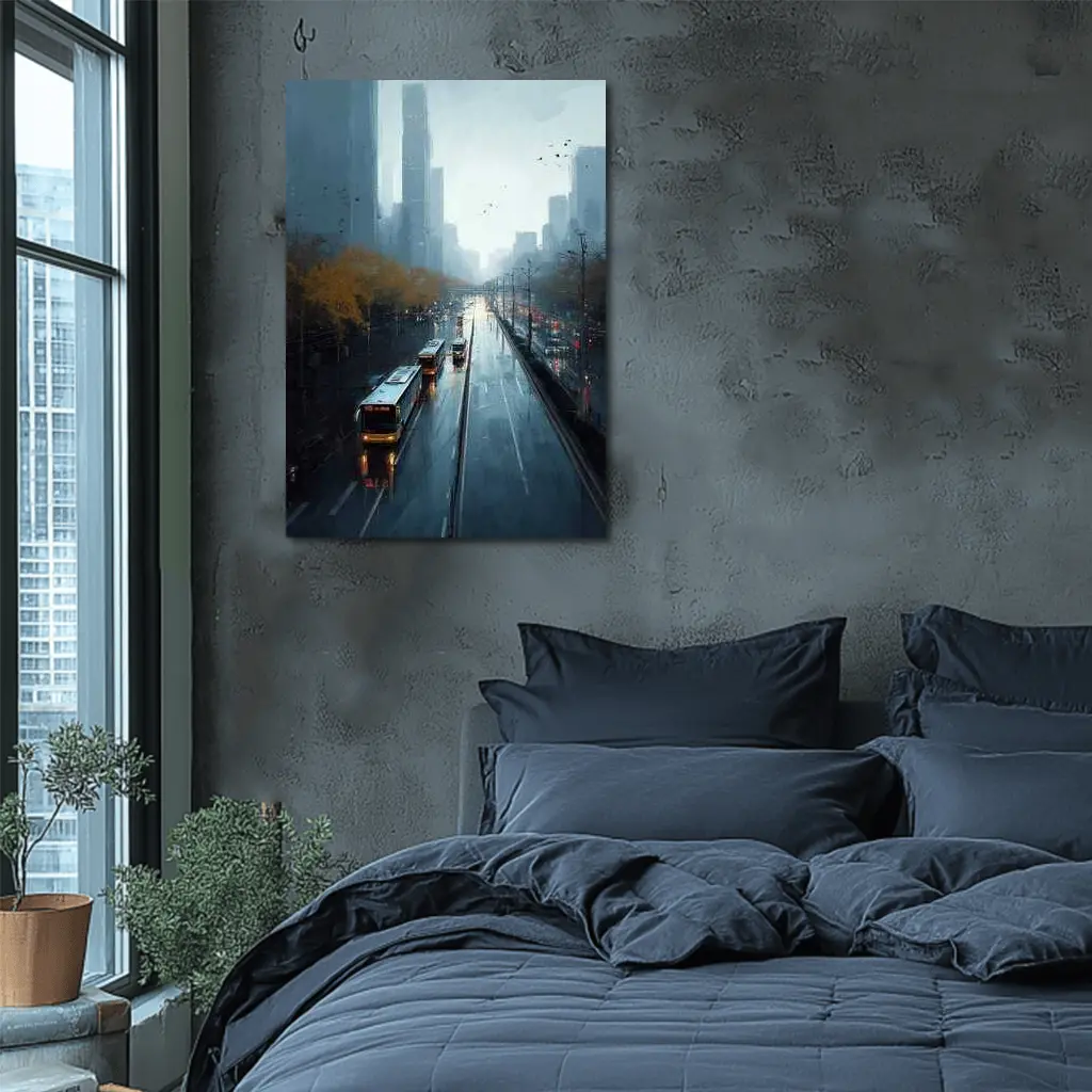 Rainy City Street Buses Urban Skyline – Wall Art