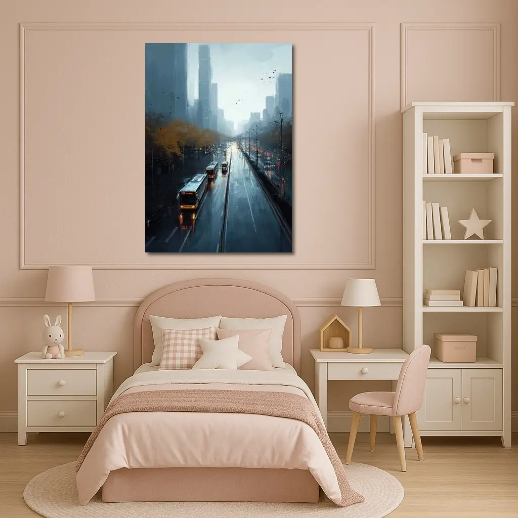 Rainy City Street Buses Urban Skyline – Wall Art