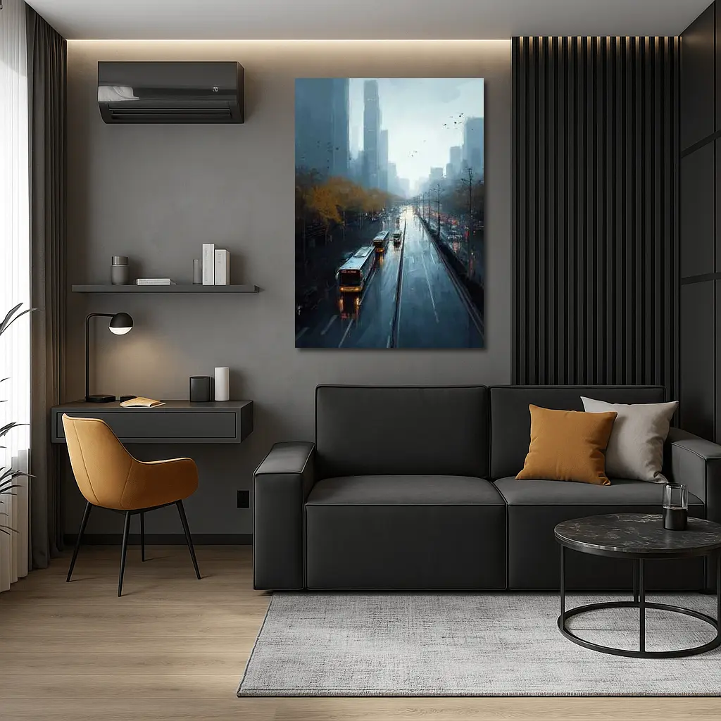 Rainy City Street Buses Urban Skyline – Wall Art