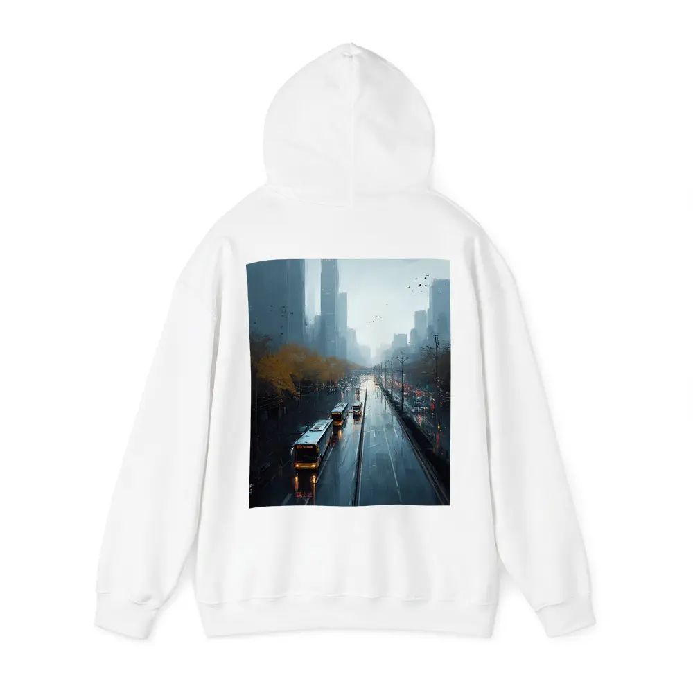 Rainy City Street Buses Urban Skyline – Hoodies