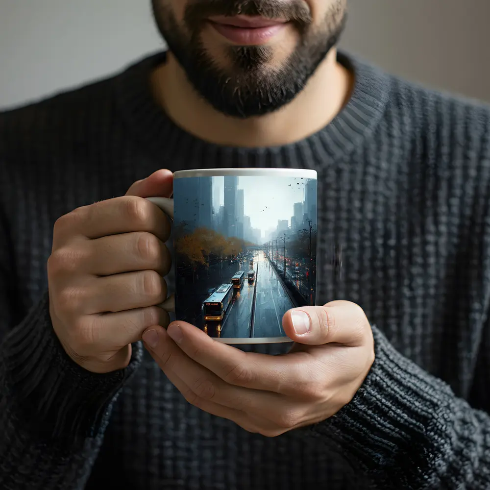 Rainy City Street Buses Urban Skyline – Mugs