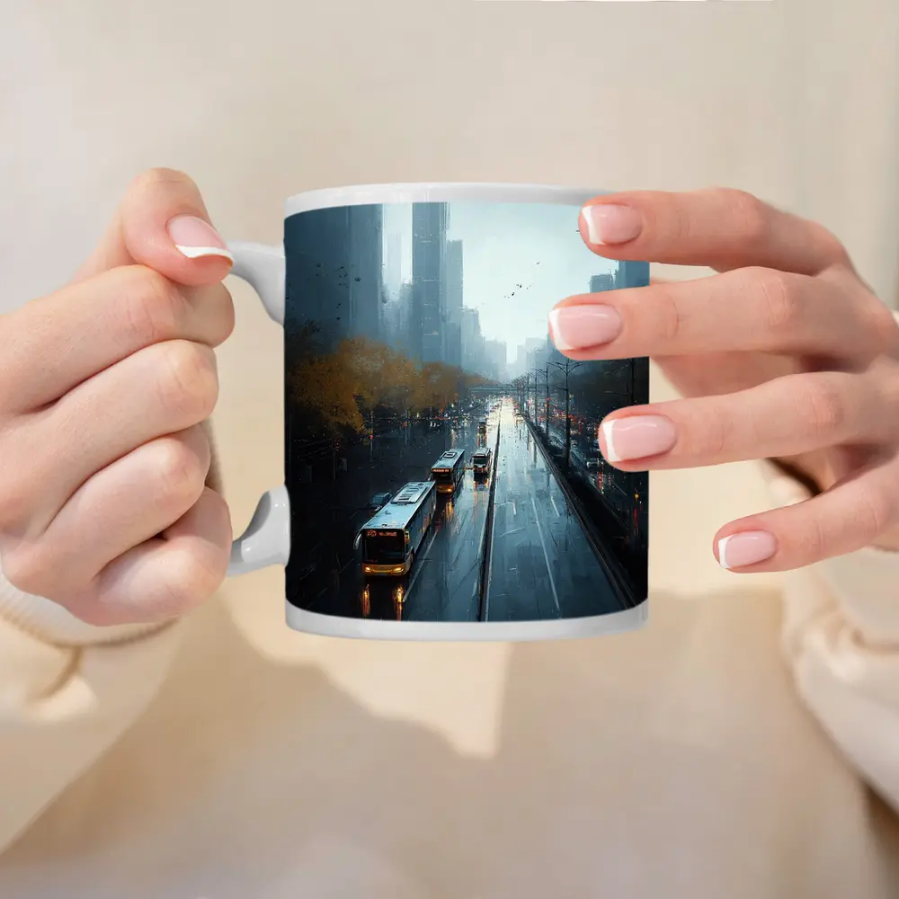 Rainy City Street Buses Urban Skyline – Mugs