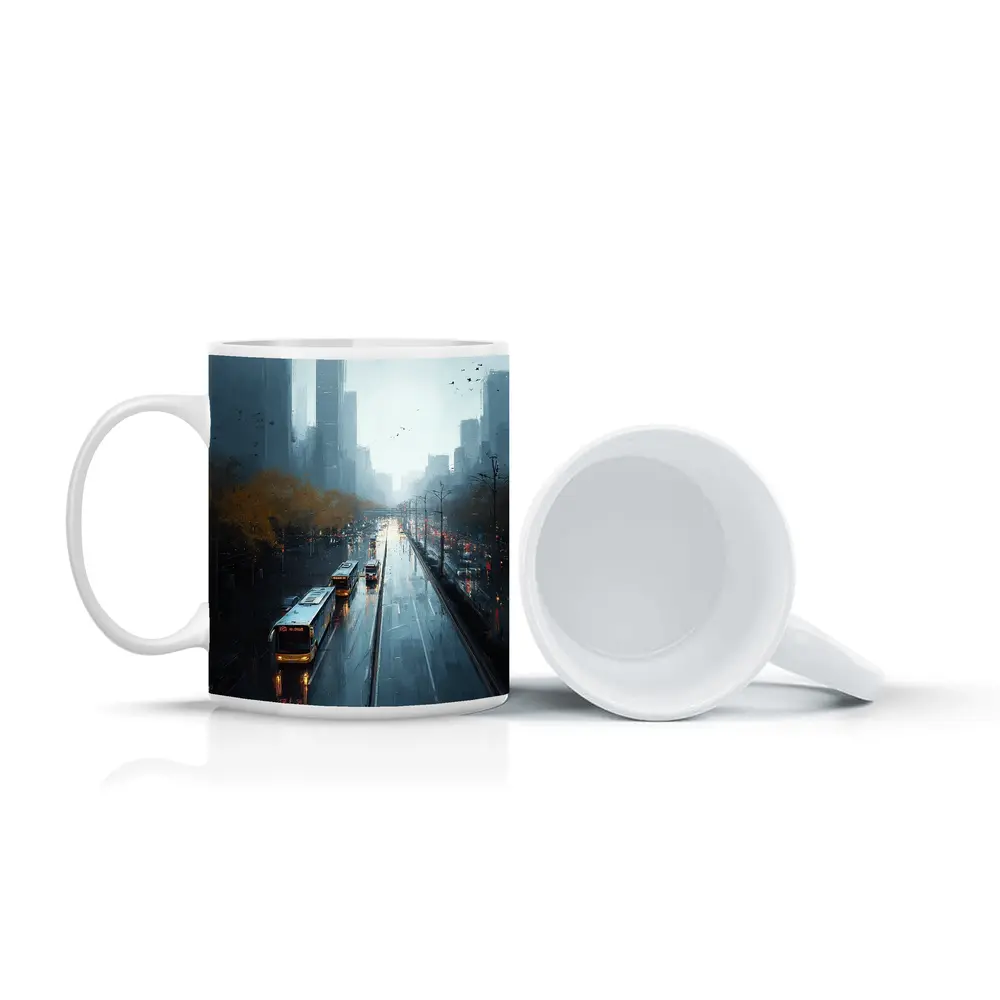 Rainy City Street Buses Urban Skyline – Mugs