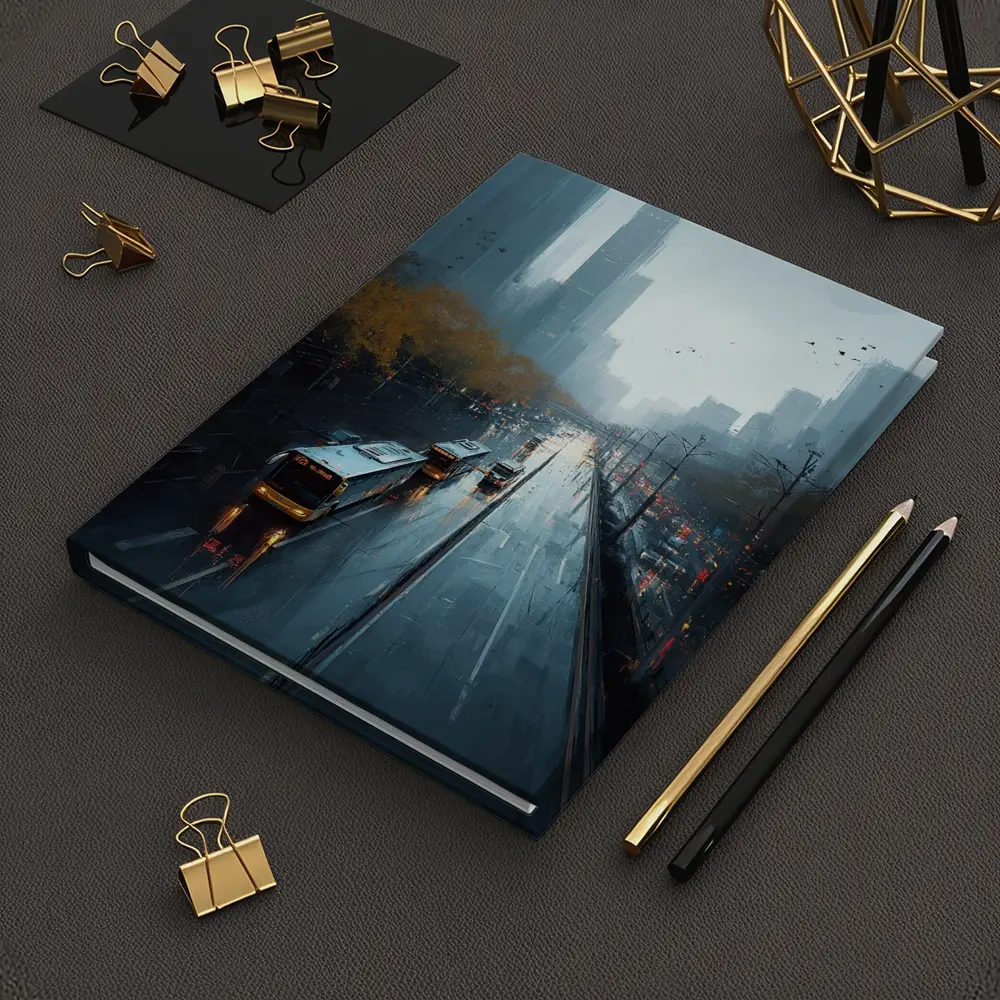 Rainy City Street Buses Urban Skyline – Notebooks