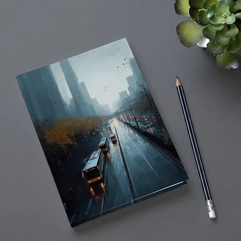 Rainy City Street Buses Urban Skyline – Notebooks