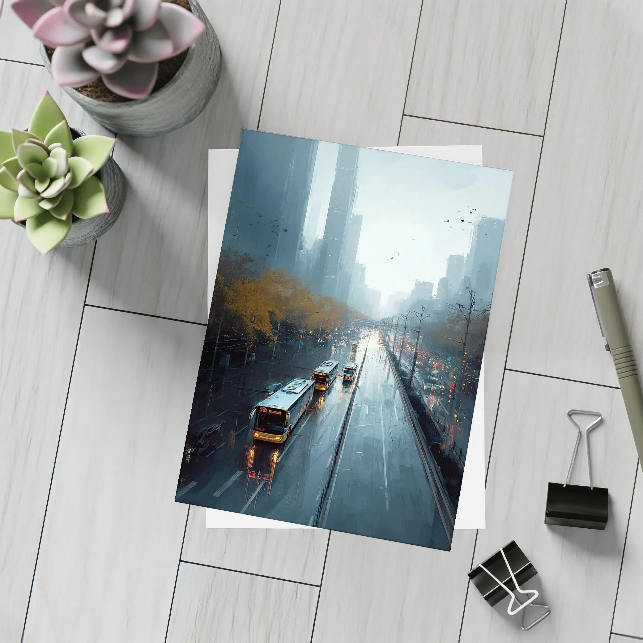 Rainy City Street Buses Urban Skyline – Postcards