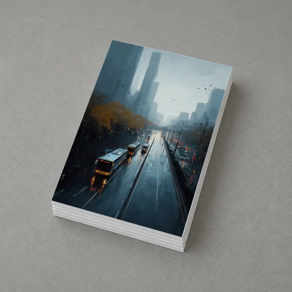 Rainy City Street Buses Urban Skyline – Postcards