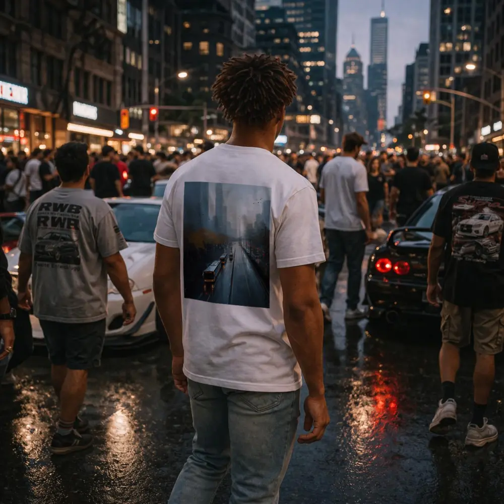 Rainy City Street Buses Urban Skyline – T-Shirts
