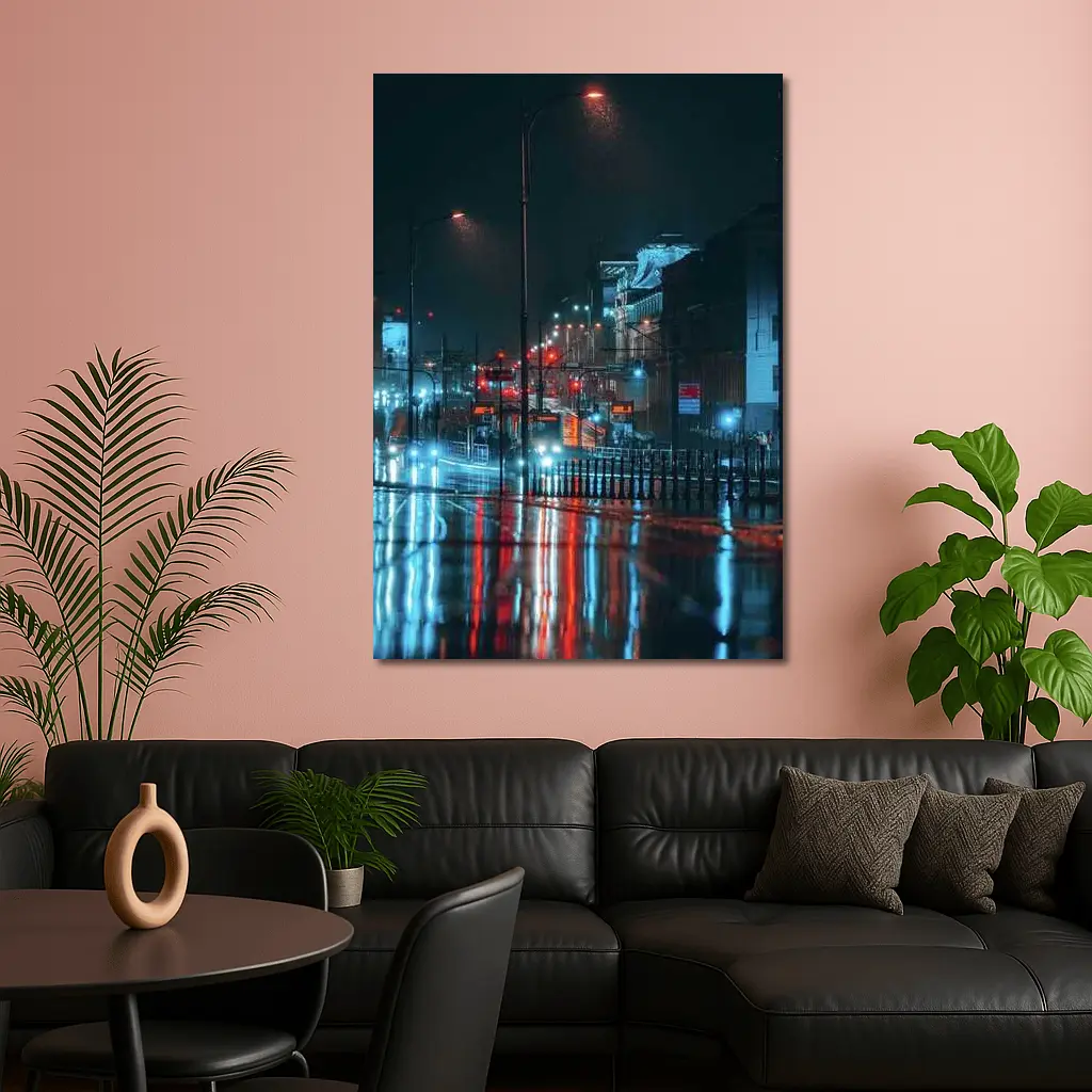 Rainy City Street Night Neon Reflections – Wall Art