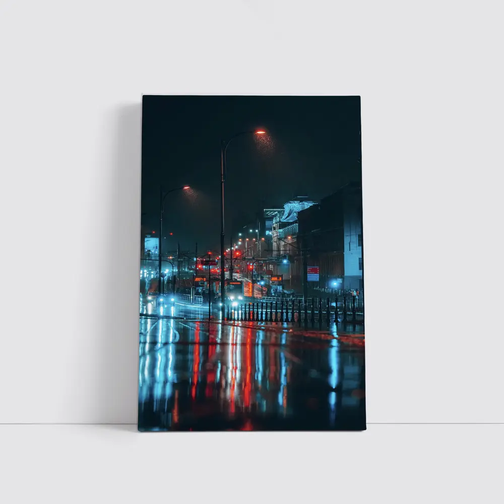 Rainy City Street Night Neon Reflections – Wall Art