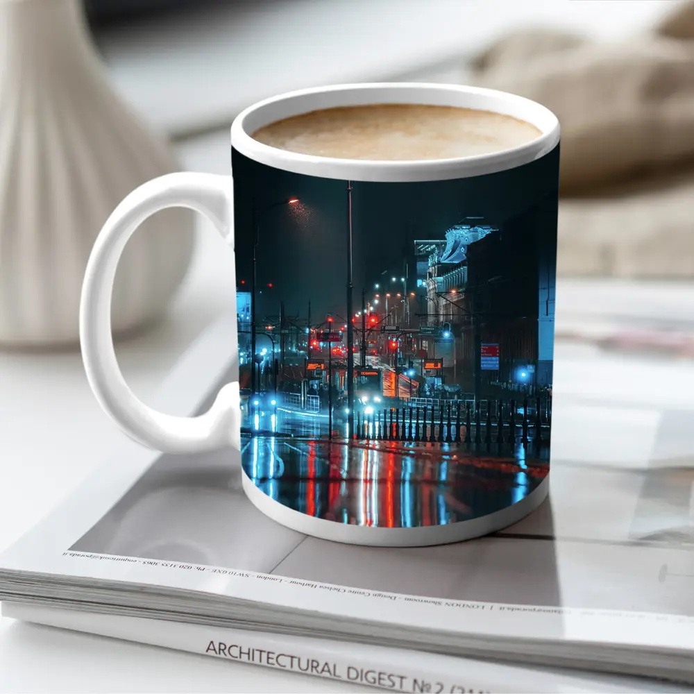Rainy City Street Night Neon Reflections – Mugs