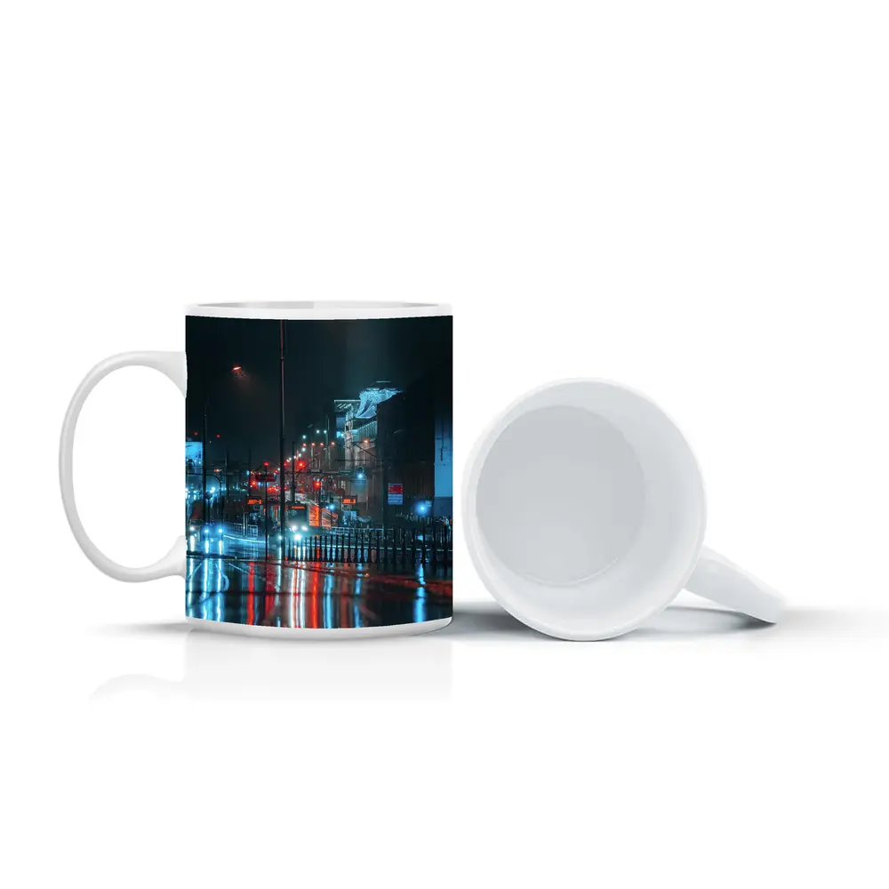 Rainy City Street Night Neon Reflections – Mugs