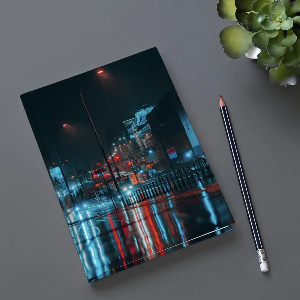 Rainy City Street Night Neon Reflections – Notebooks