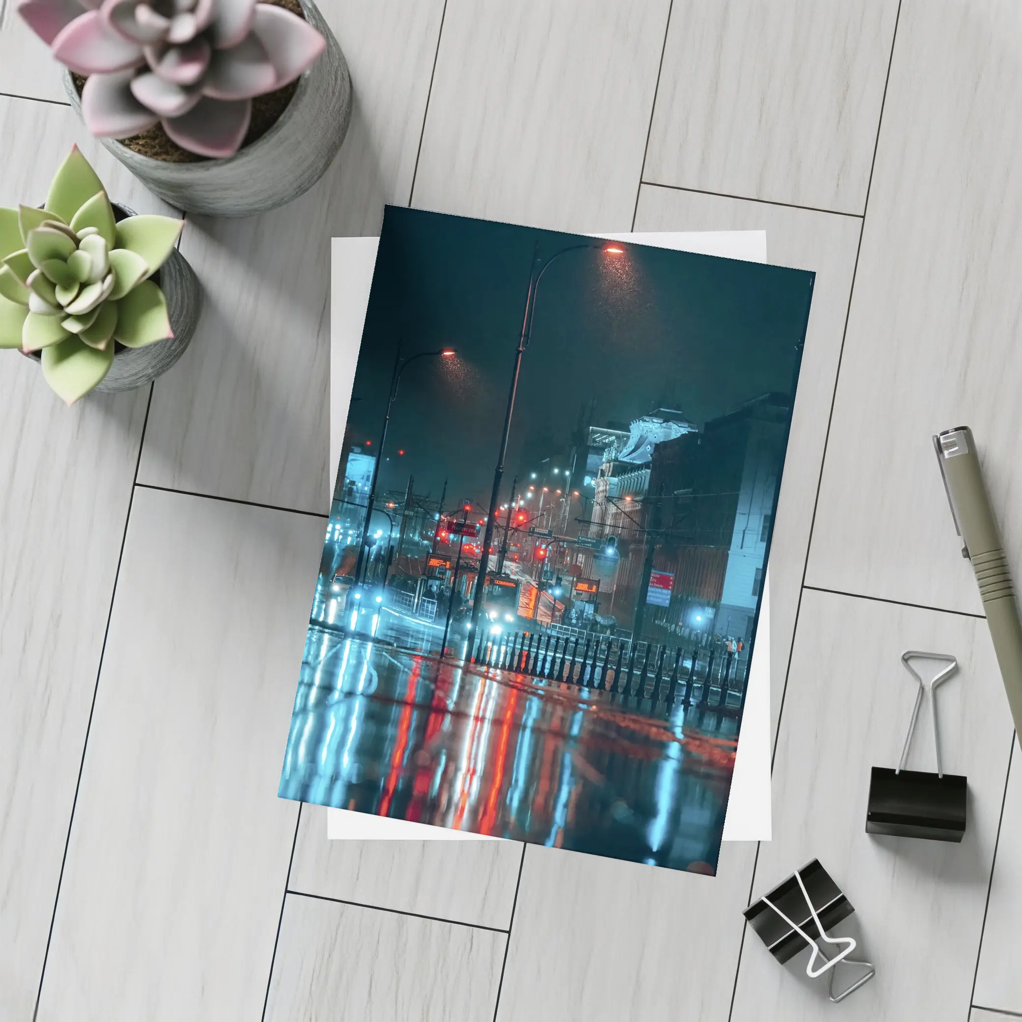Rainy City Street Night Neon Reflections – Postcards