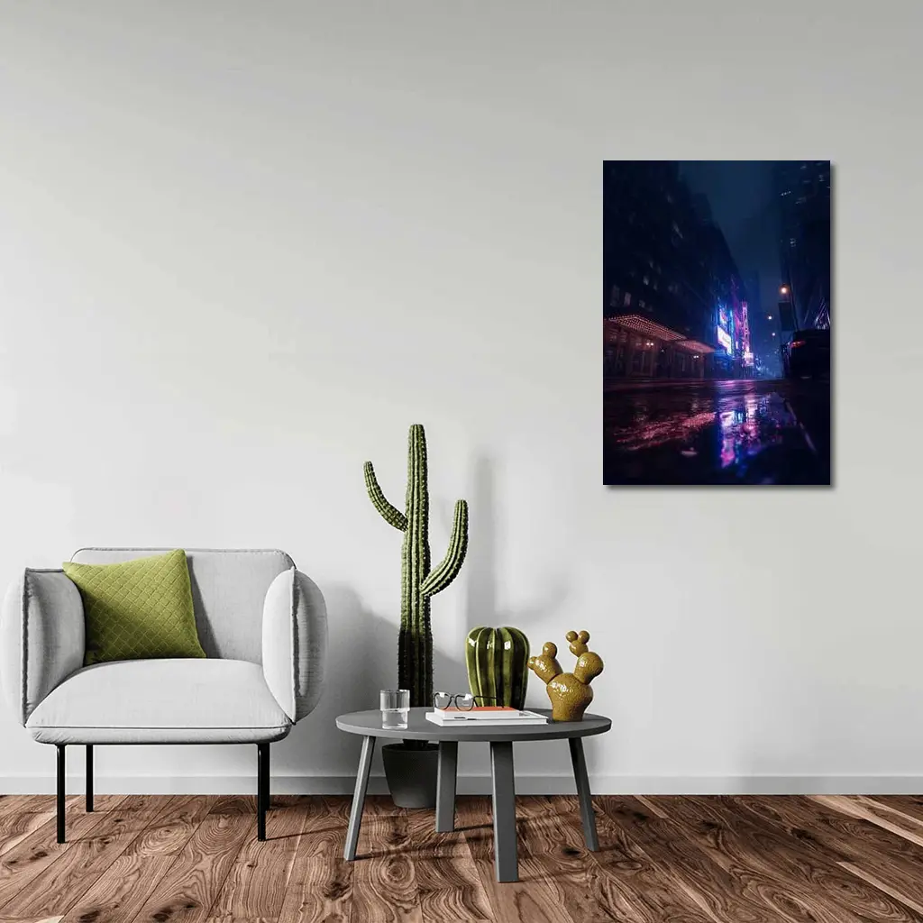 Rainy City Street Neon Night Reflections – Wall Art