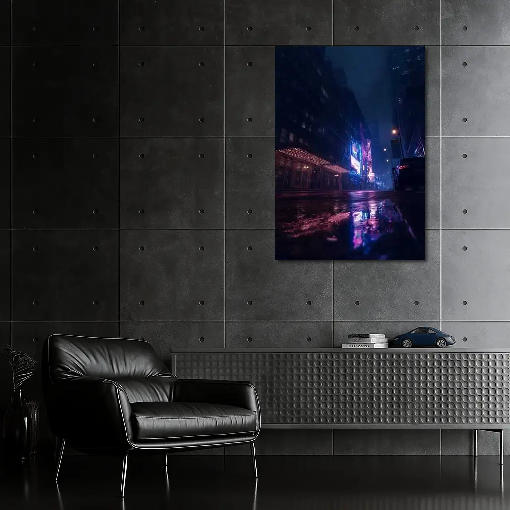 Rainy City Street Neon Night Reflections – Wall Art