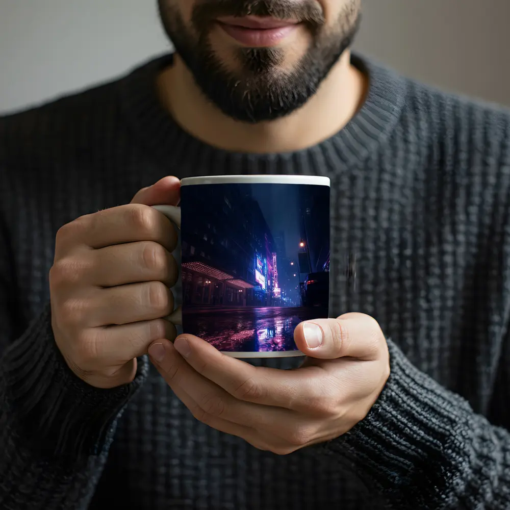 Rainy City Street Neon Night Reflections – Mugs