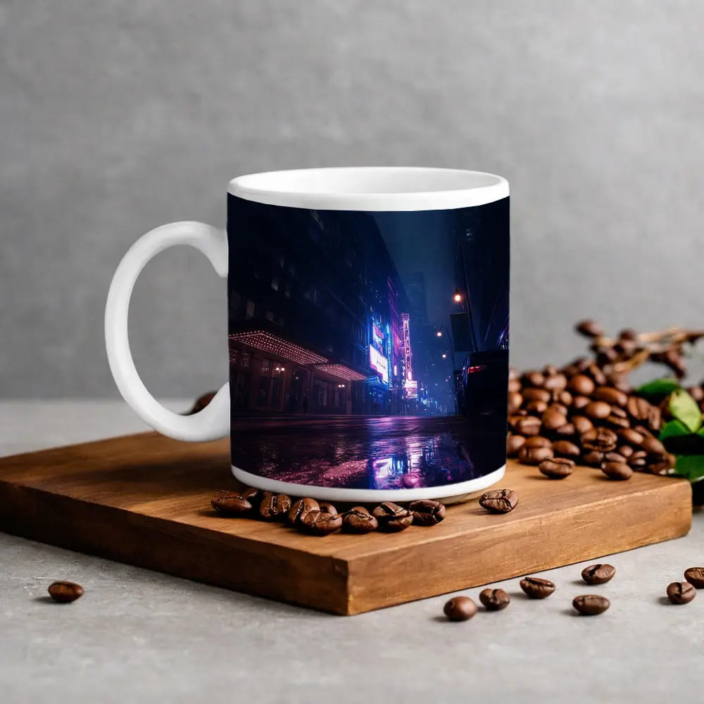 Rainy City Street Neon Night Reflections – Mugs