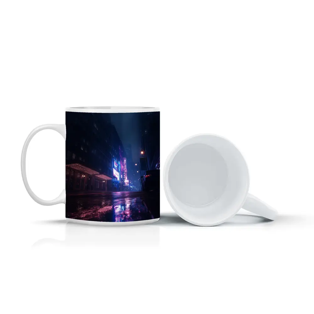 Rainy City Street Neon Night Reflections – Mugs