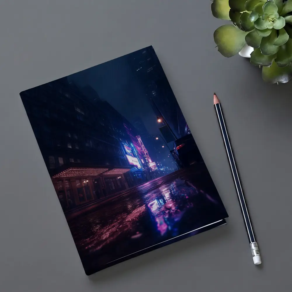 Rainy City Street Neon Night Reflections – Notebooks