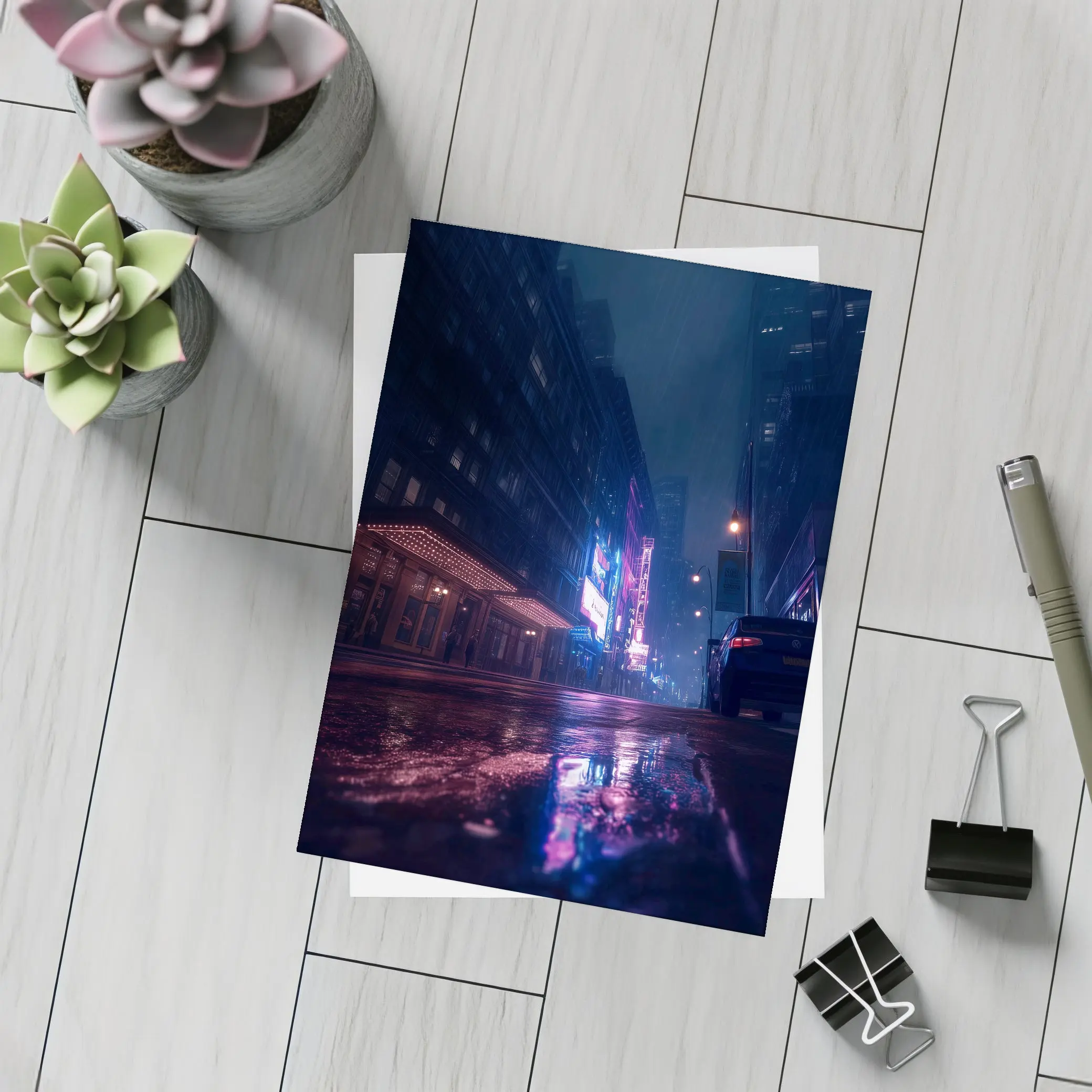 Rainy City Street Neon Night Reflections – Postcards