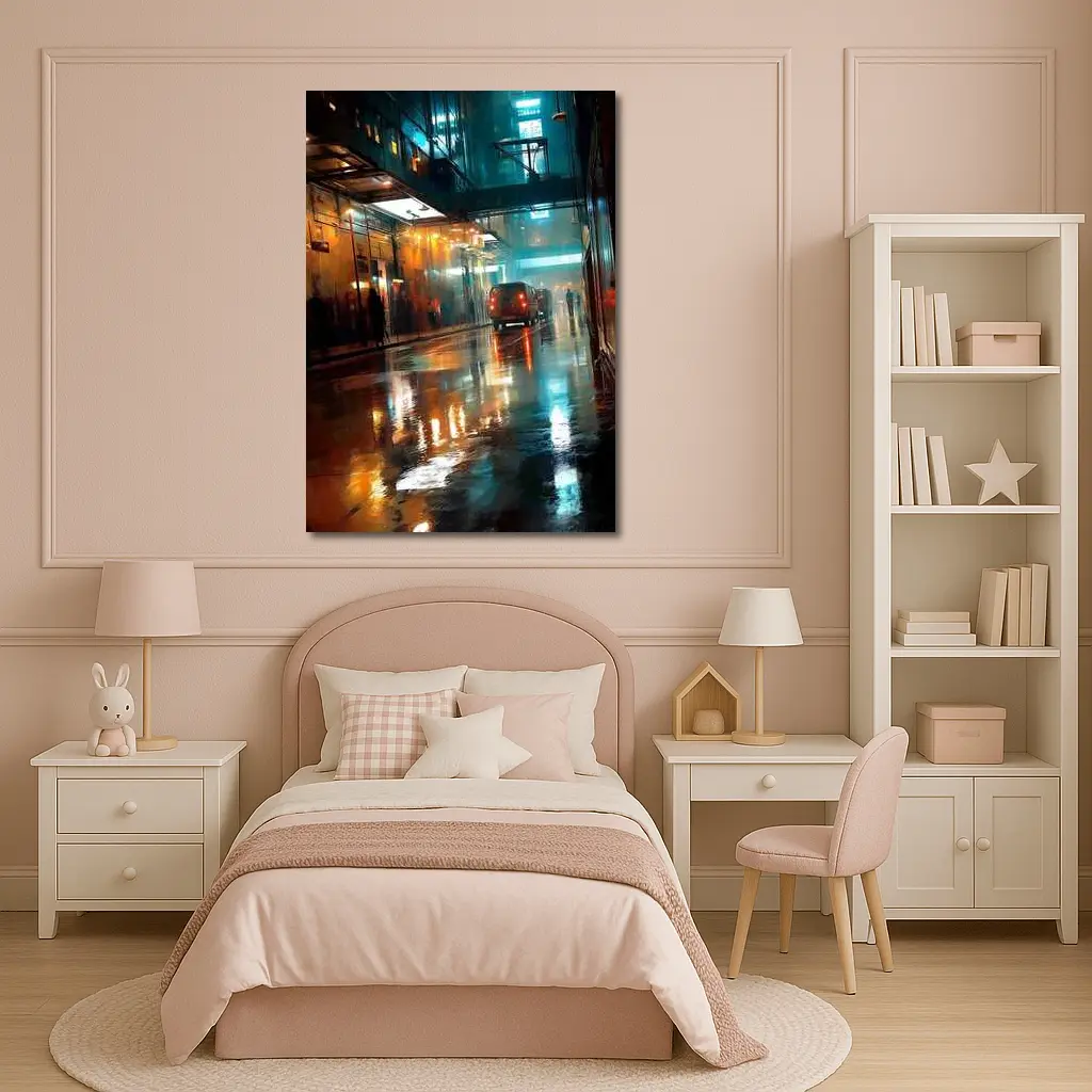 Rainy City Street Night Neon Reflections – Wall Art