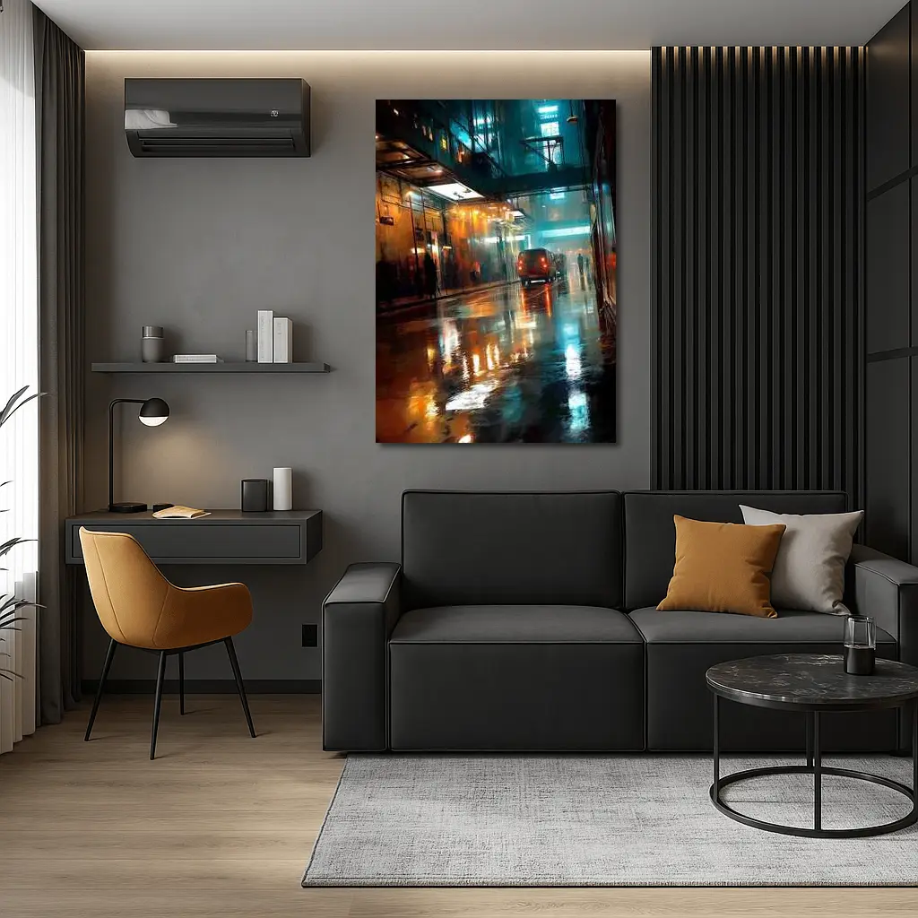 Rainy City Street Night Neon Reflections – Wall Art