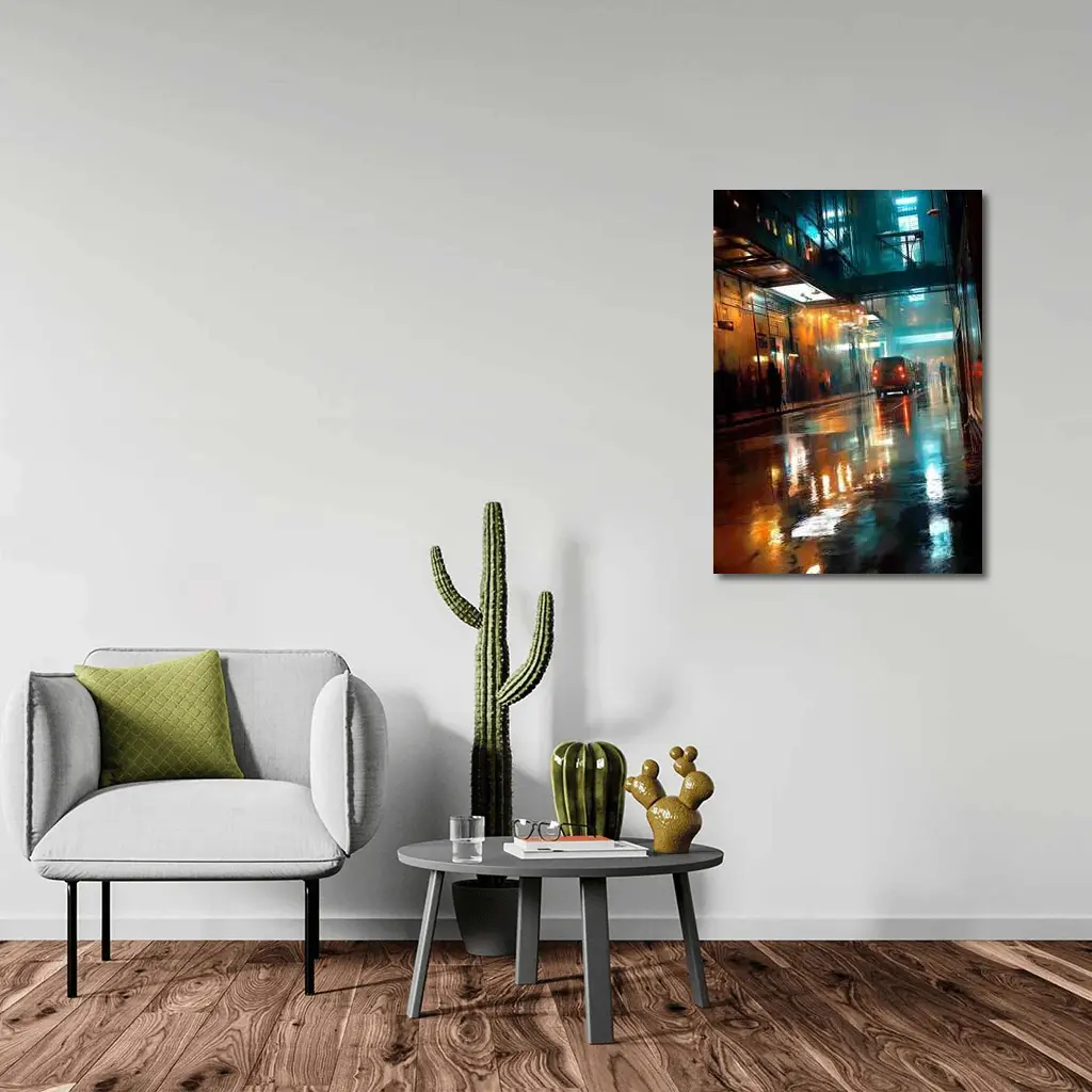 Rainy City Street Night Neon Reflections – Wall Art