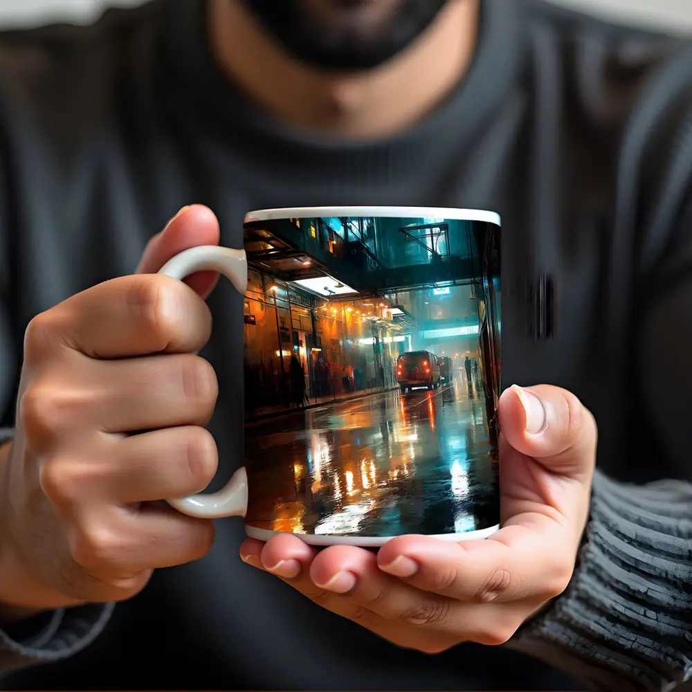 Rainy City Street Night Neon Reflections – Mugs