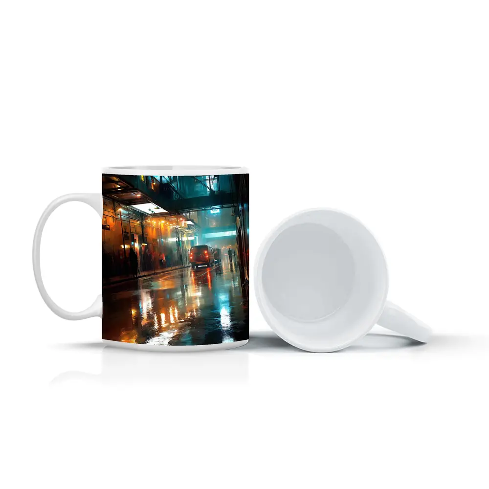 Rainy City Street Night Neon Reflections – Mugs
