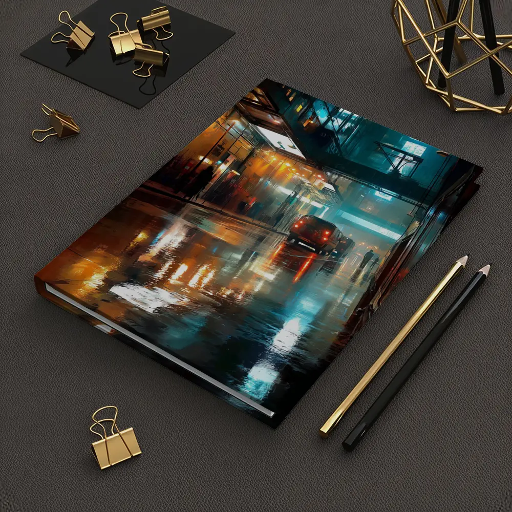 Rainy City Street Night Neon Reflections – Notebooks