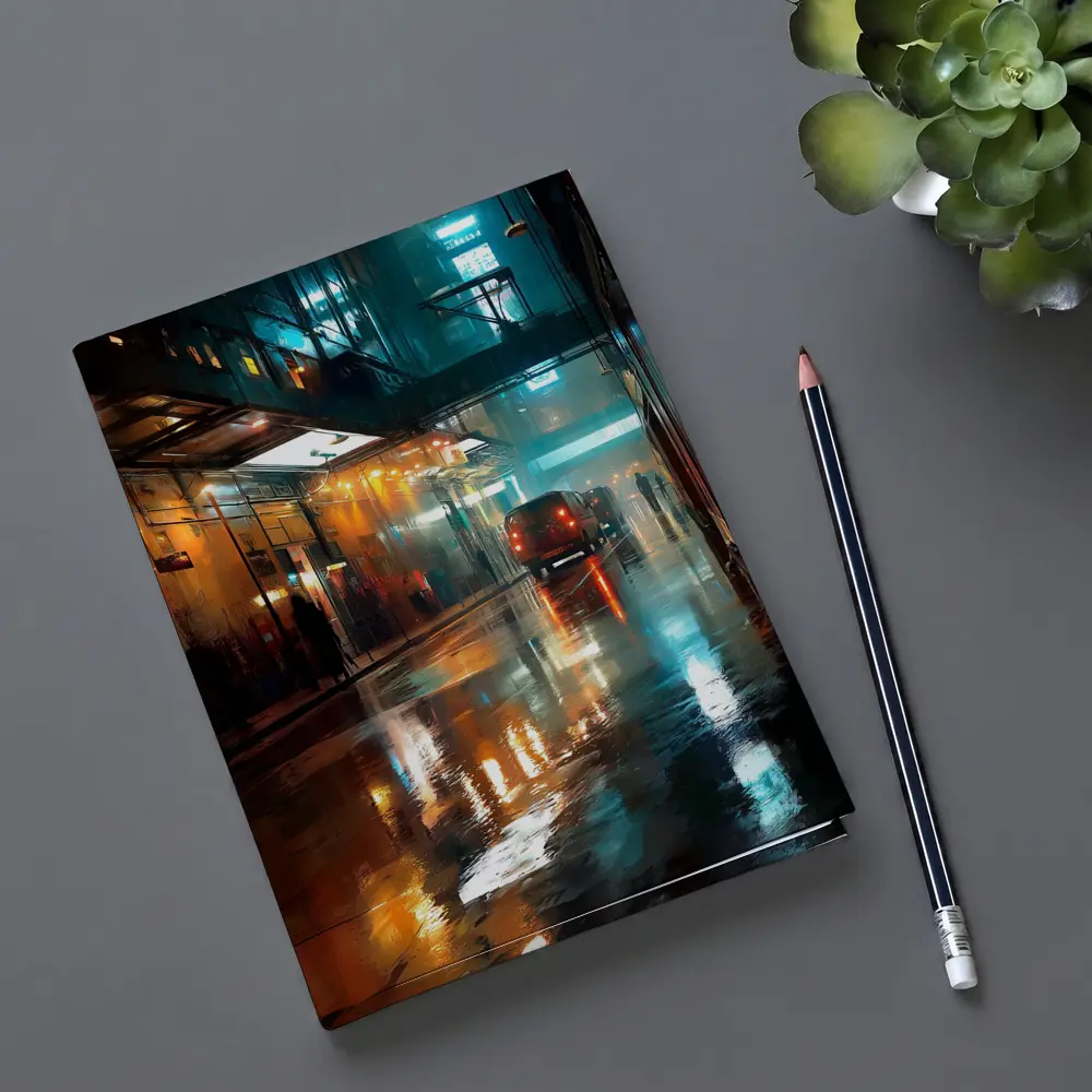 Rainy City Street Night Neon Reflections – Notebooks