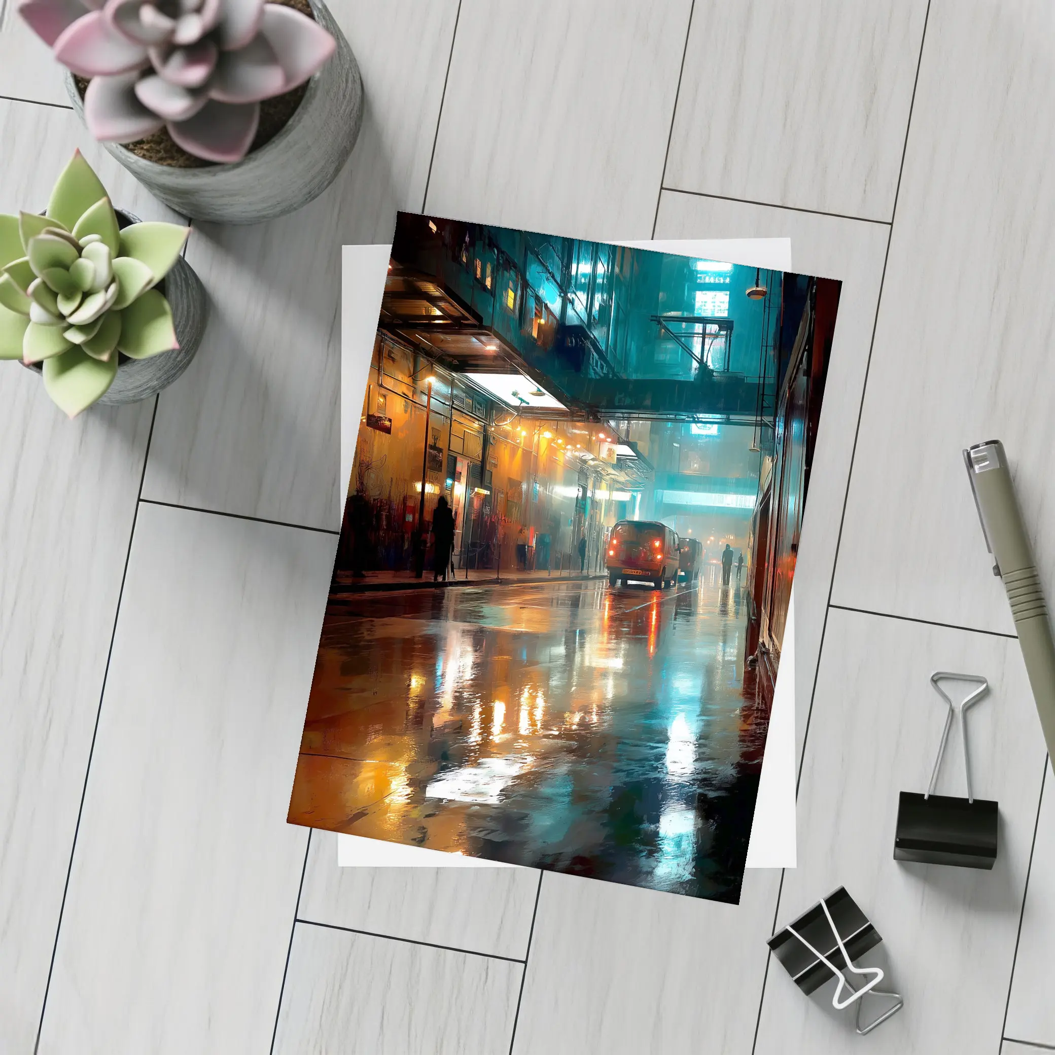 Rainy City Street Night Neon Reflections – Postcards