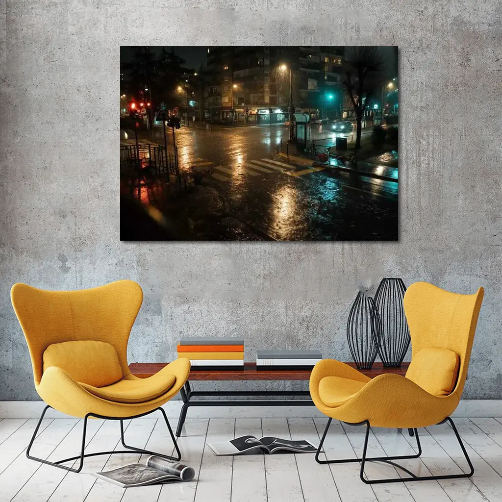 Rainy City Street Corner At Night – Wall Art