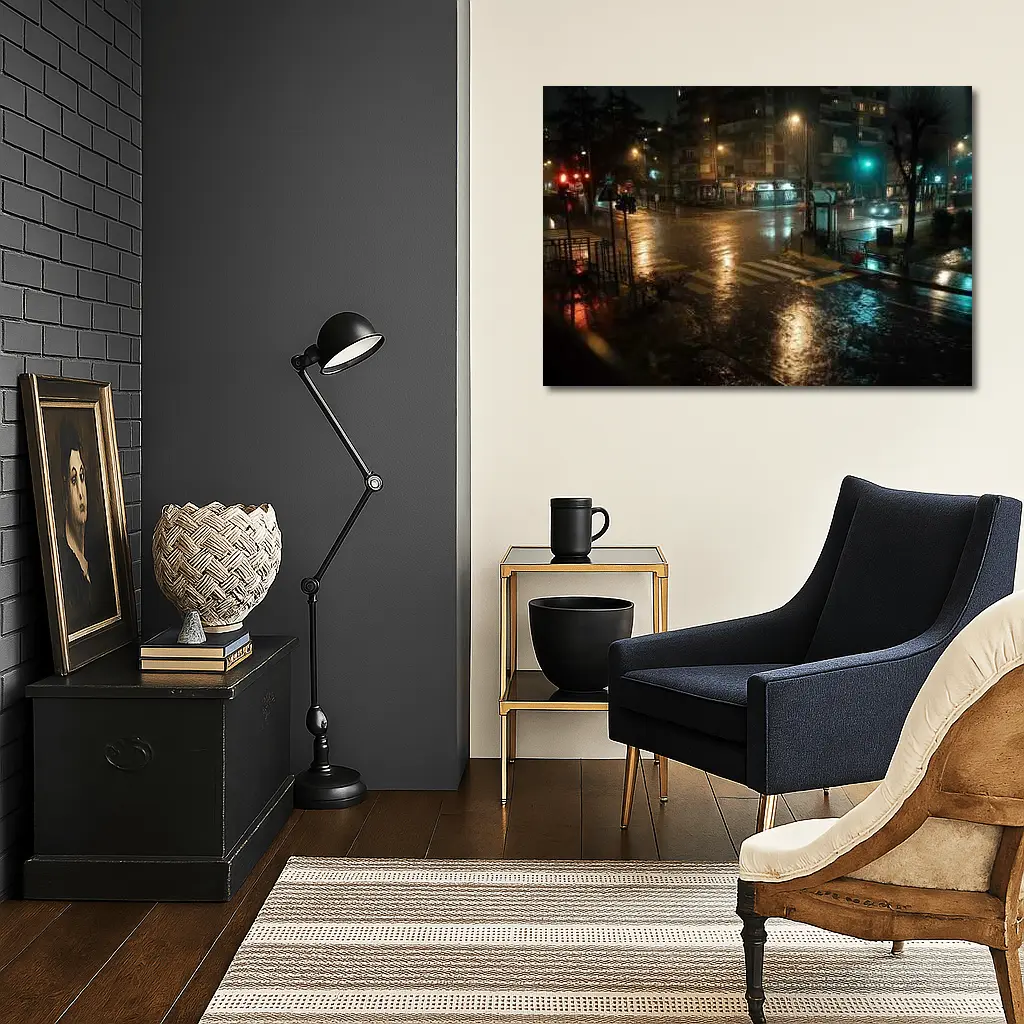 Rainy City Street Corner At Night – Wall Art