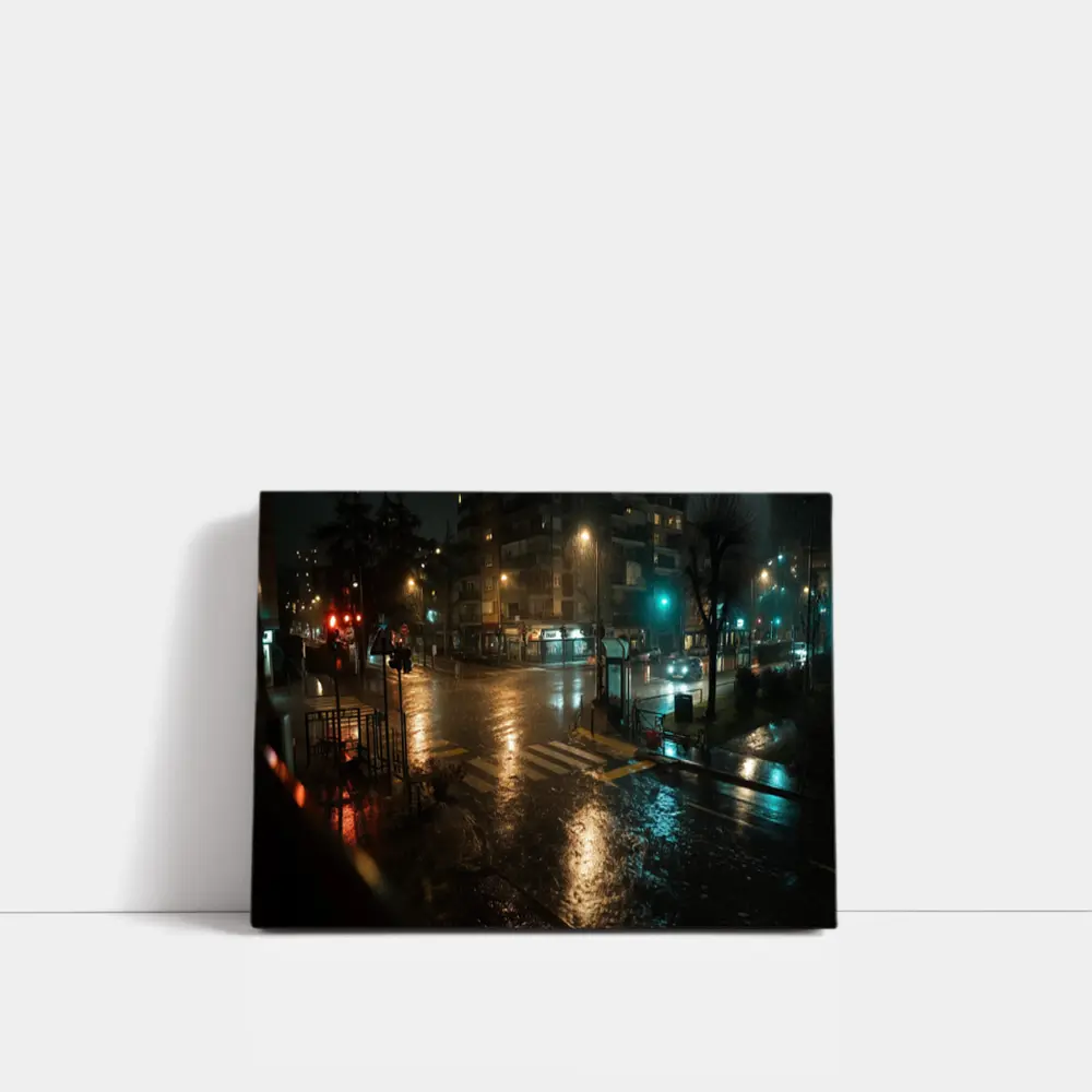 Rainy City Street Corner At Night – Wall Art