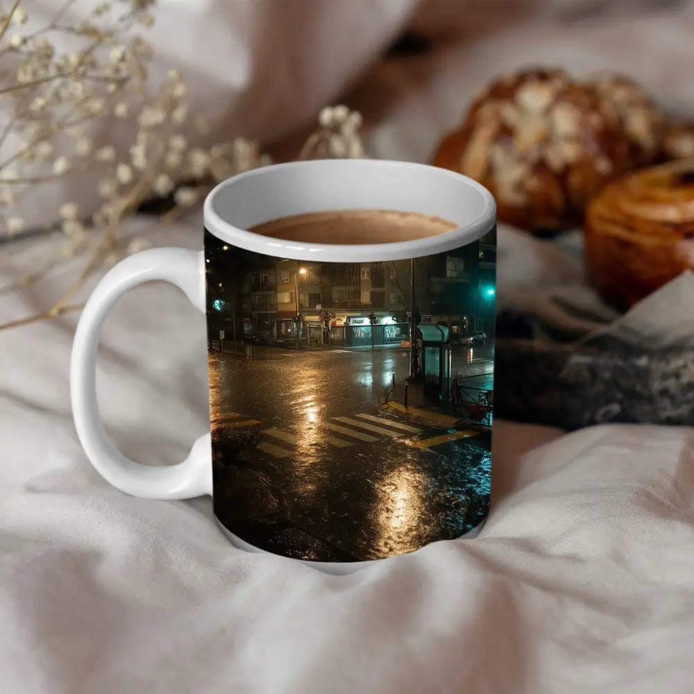 Rainy City Street Corner At Night – Mugs