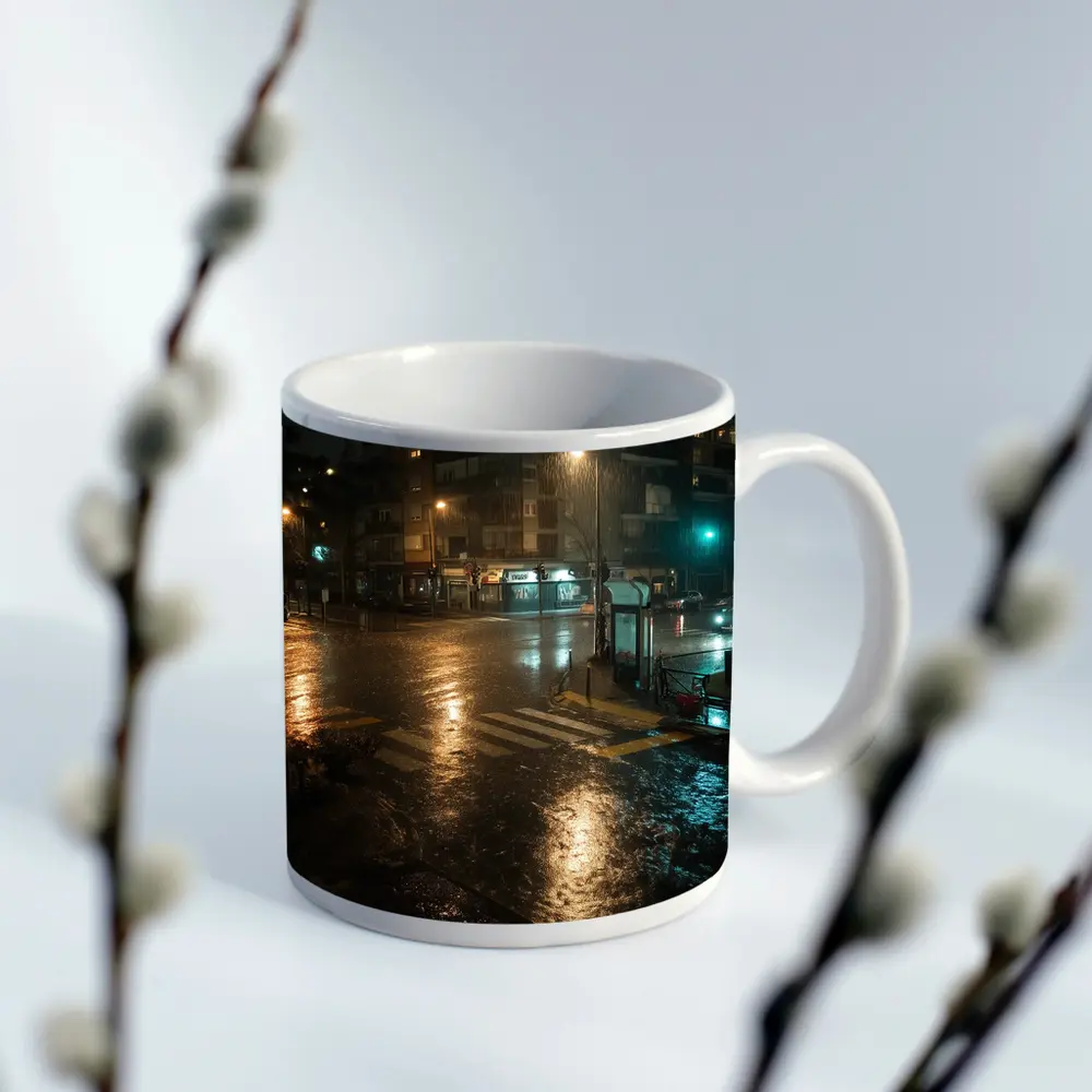 Rainy City Street Corner At Night – Mugs